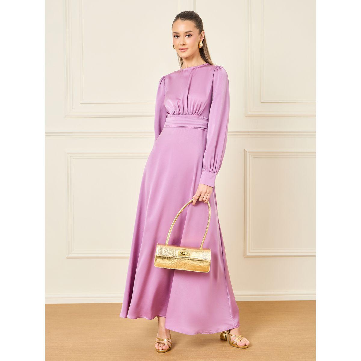 Buy Women's Styli Satin Gathered High Neck Long Sleeve A-line Maxi Dress  Online | Centrepoint KSA