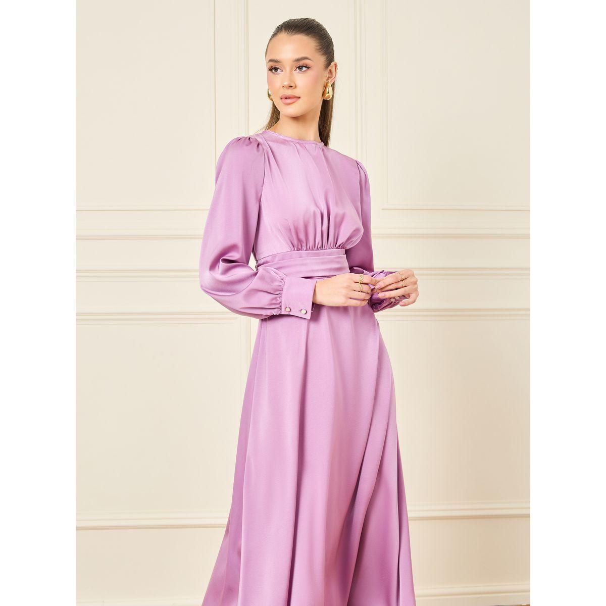 Styli Satin Gathered High Neck Long Sleeve A-line Maxi Dress-women-clothing-dresses-image-2