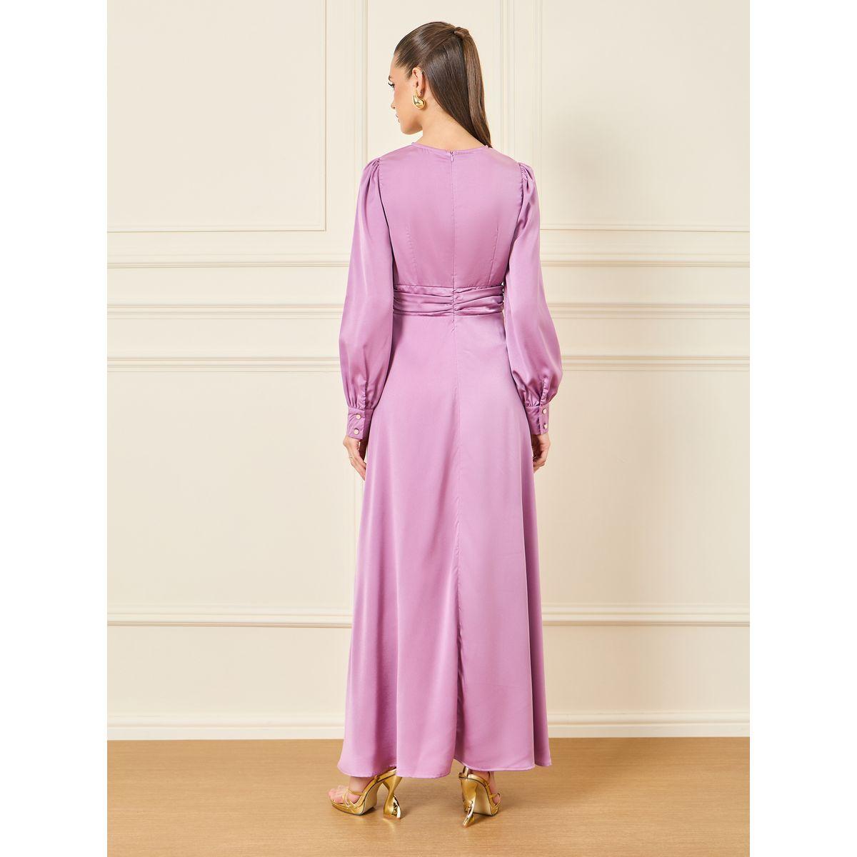 Styli Satin Gathered High Neck Long Sleeve A-line Maxi Dress-women-clothing-dresses-image-4