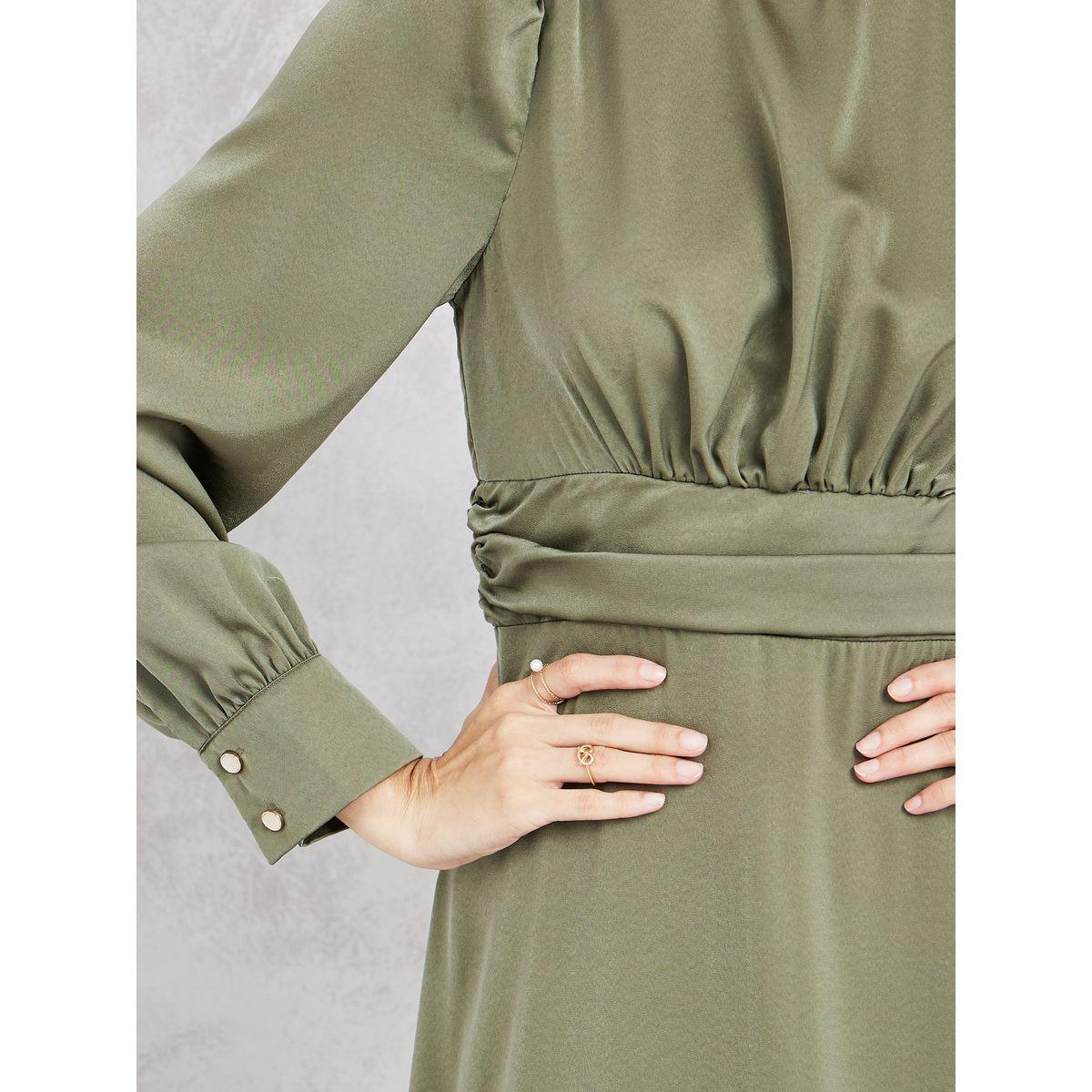 Styli Satin Gathered High Neck Long Sleeve A-line Maxi Dress-women-clothing-dresses-image-3