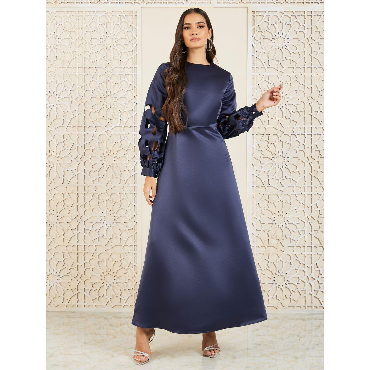 Styli Satin Cut Out Detail Long Sleeves A-line Maxi Dress-women-clothing-dresses-image-1