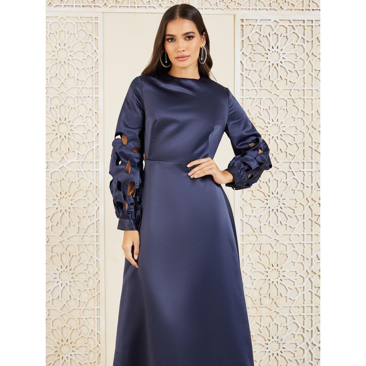 Styli Satin Cut Out Detail Long Sleeves A-line Maxi Dress-women-clothing-dresses-image-2