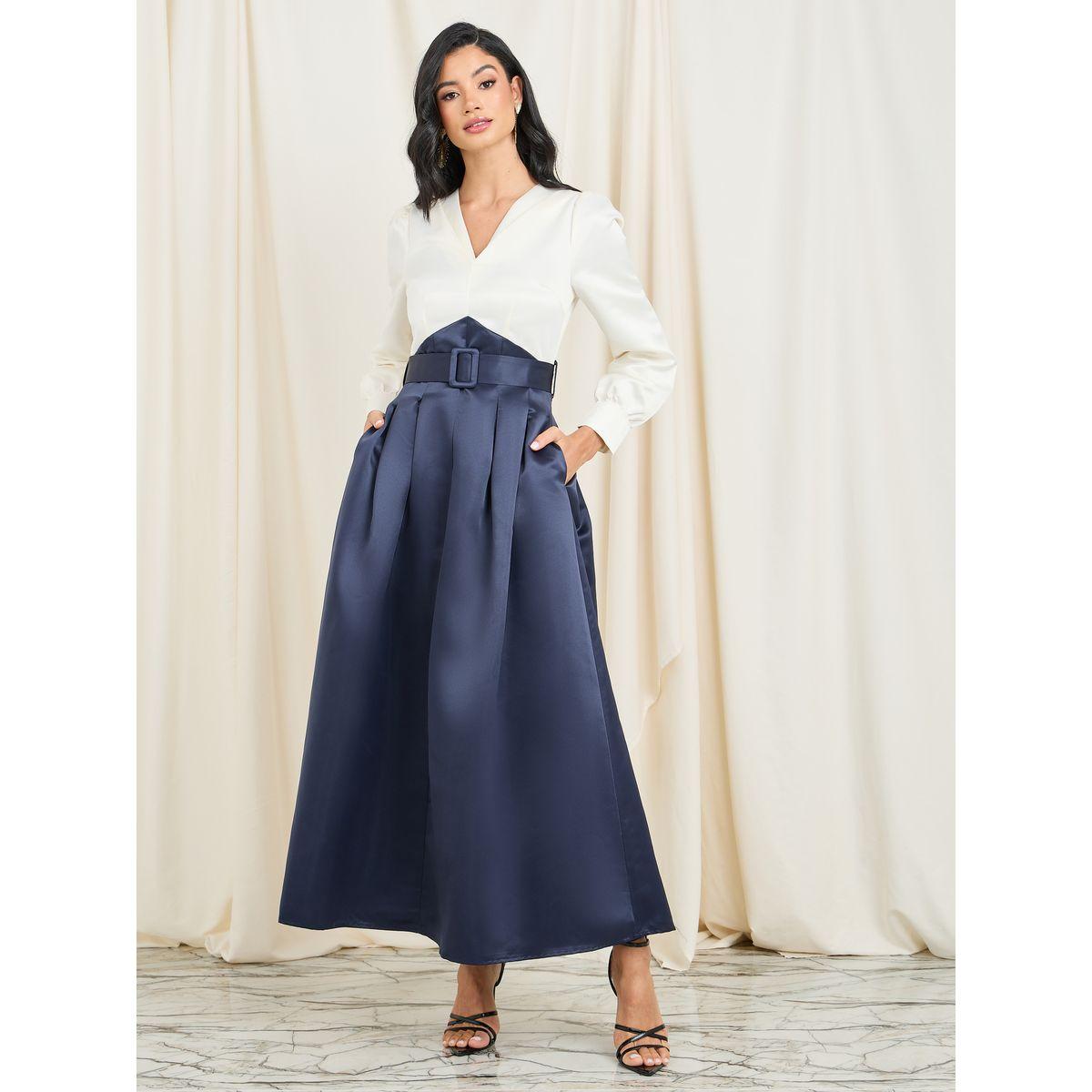 Styli Satin Pleat Detail Colorblock Belted A-Line Maxi Dress-women-clothing-dresses-image-1