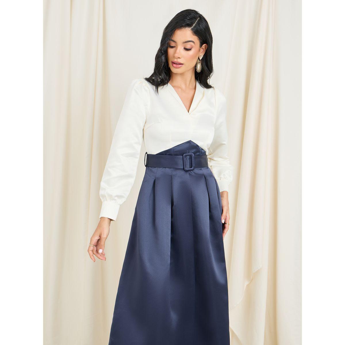 Styli Satin Pleat Detail Colorblock Belted A-Line Maxi Dress-women-clothing-dresses-image-2
