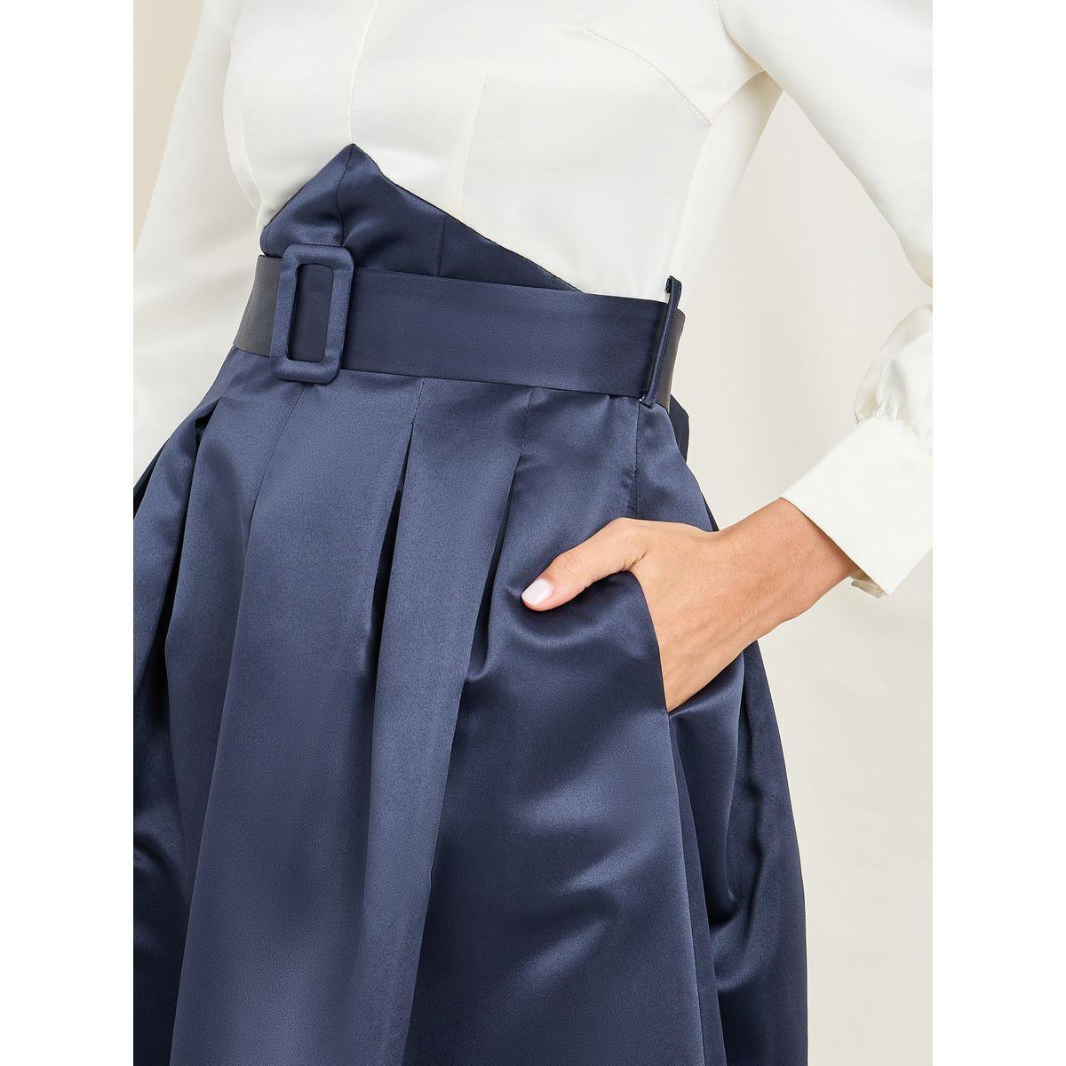 Styli Satin Pleat Detail Colorblock Belted A-Line Maxi Dress-women-clothing-dresses-image-3