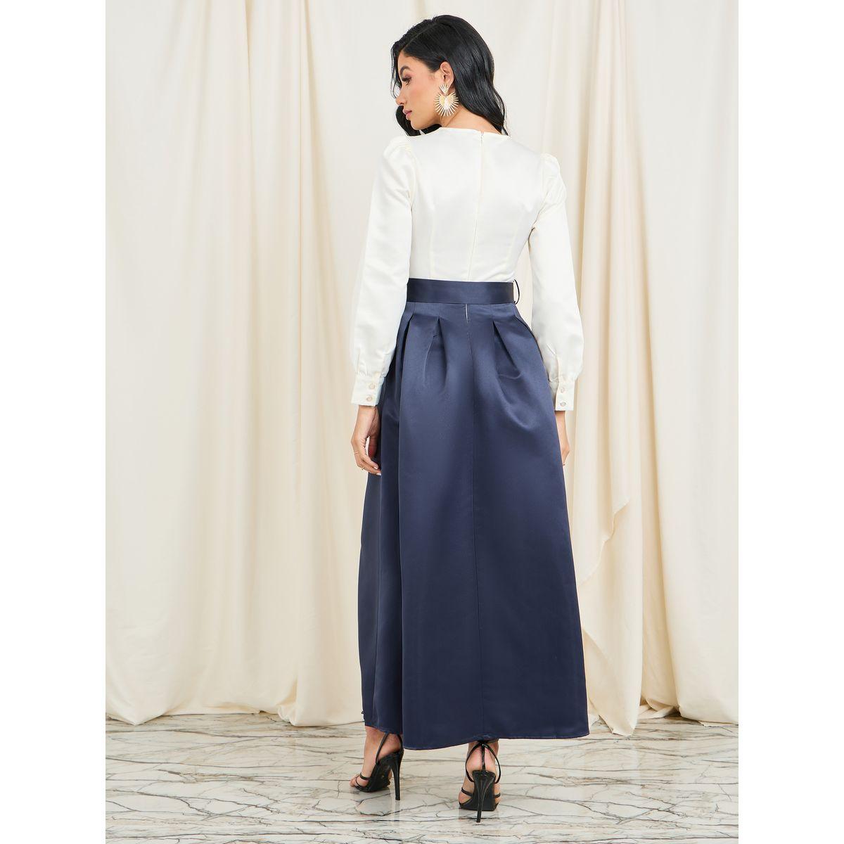 Styli Satin Pleat Detail Colorblock Belted A-Line Maxi Dress-women-clothing-dresses-image-4