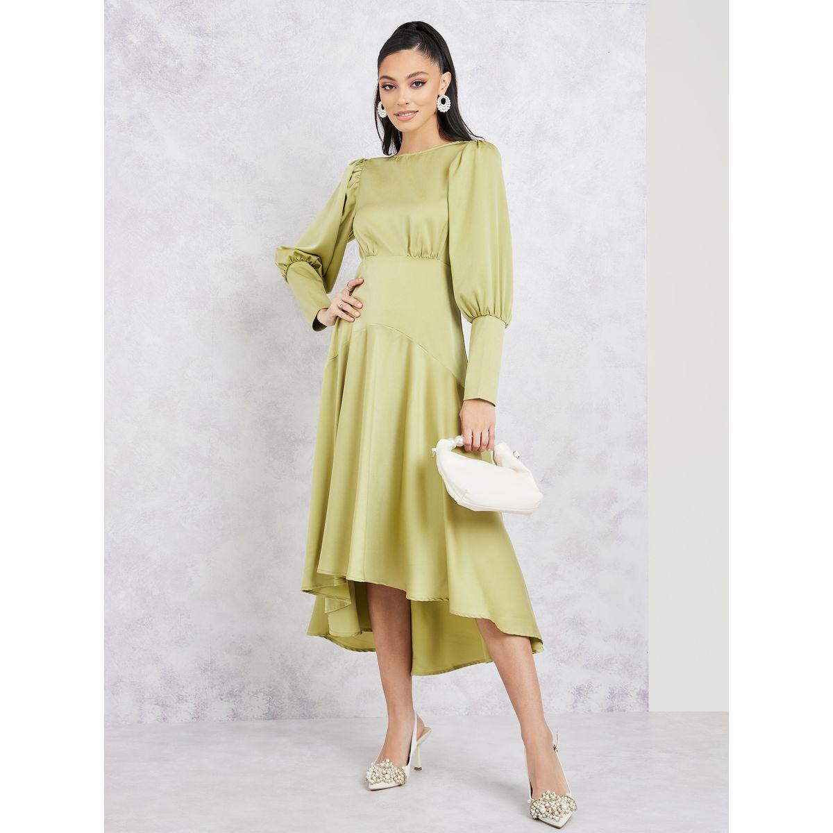 فستان ميدي ساتان باكمام مكبلة-women-clothing-dresses-image-1