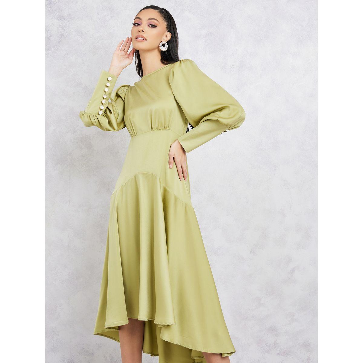 Styli Satin Long Cuff Sleeves Asymmetric Hem A-line Midi Dress-women-clothing-dresses-image-2