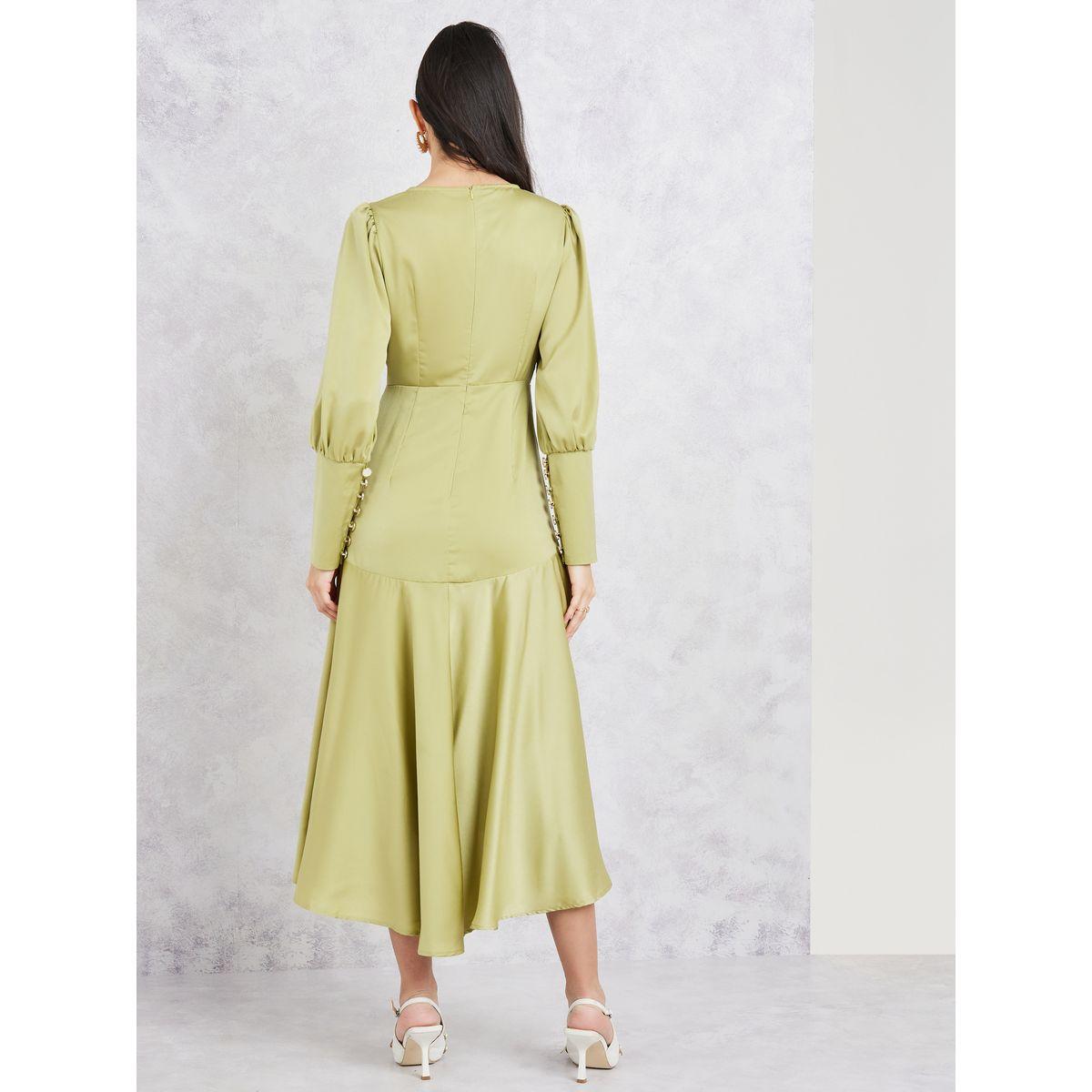 Styli Satin Long Cuff Sleeves Asymmetric Hem A-line Midi Dress-women-clothing-dresses-image-4