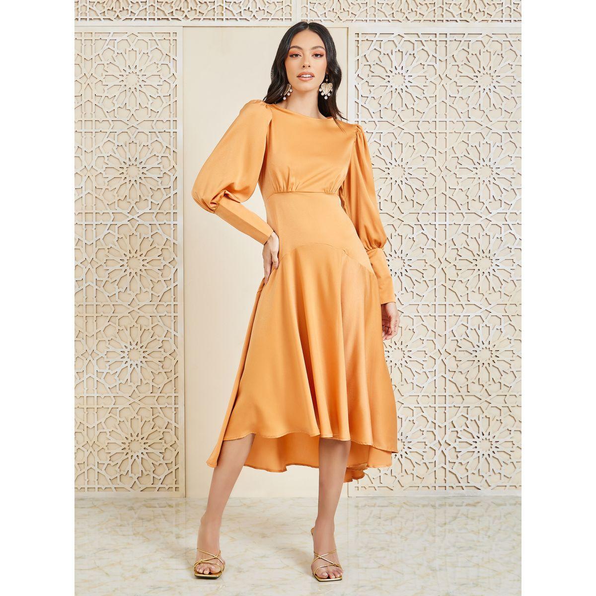Styli Satin Long Cuff Sleeves Asymmetric Hem A-line Midi Dress-women-clothing-dresses-image-1