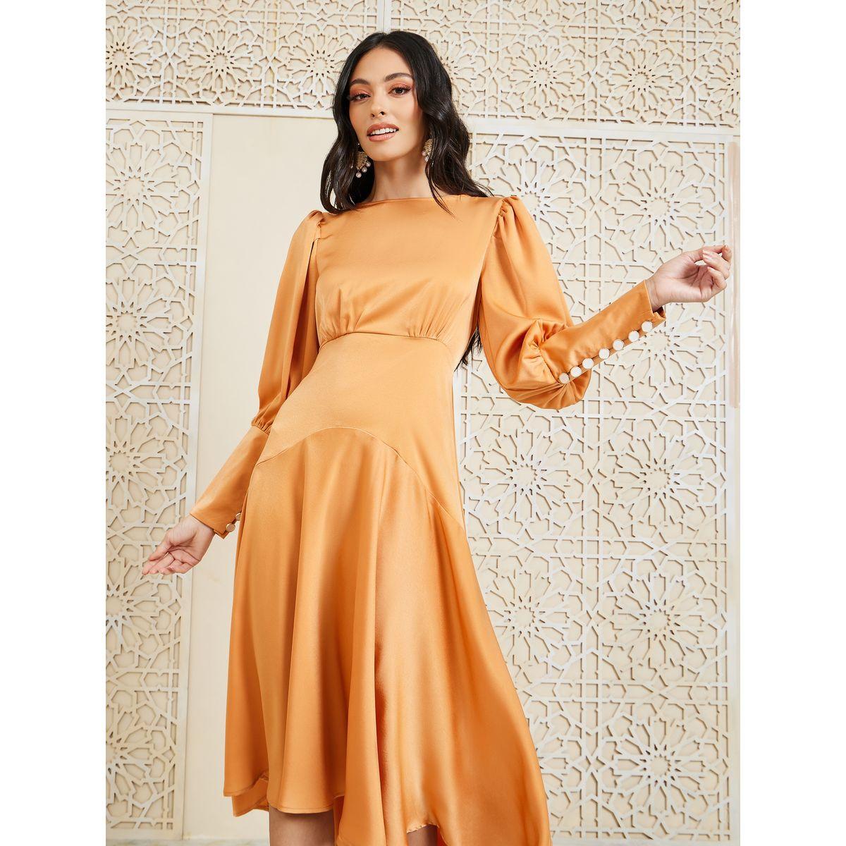 Styli Satin Long Cuff Sleeves Asymmetric Hem A-line Midi Dress-women-clothing-dresses-image-2