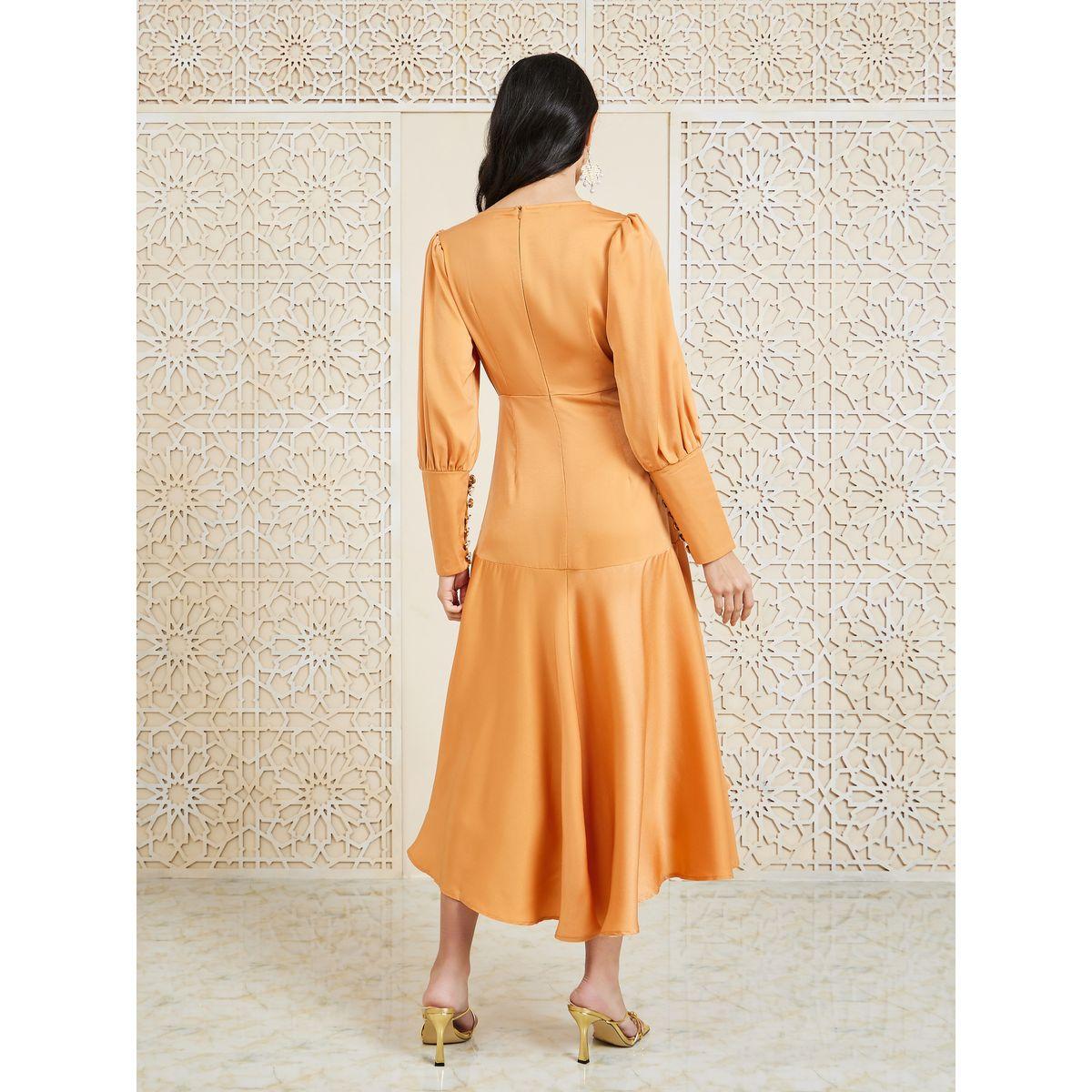 Styli Satin Long Cuff Sleeves Asymmetric Hem A-line Midi Dress-women-clothing-dresses-image-4