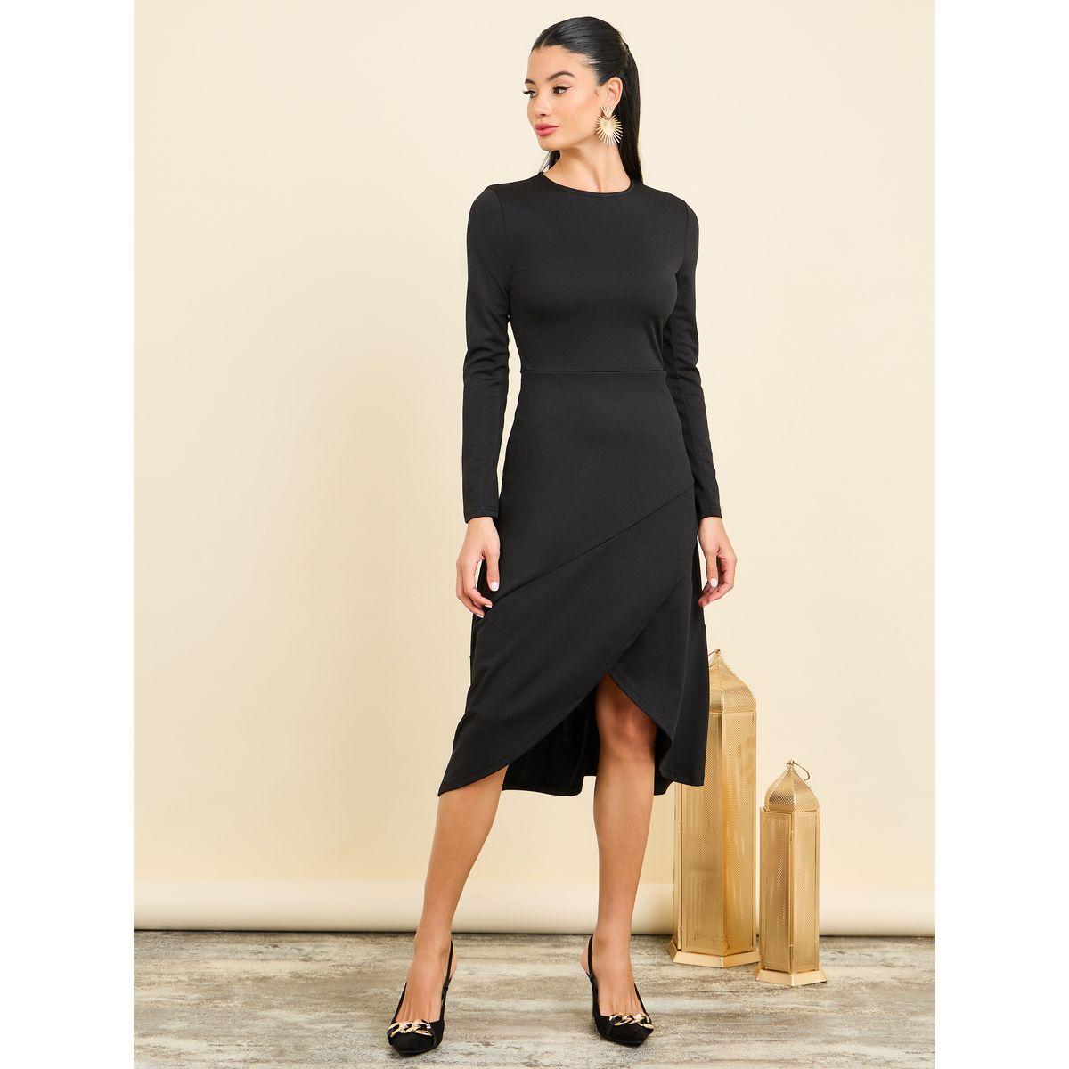 فستان ميدي من نوع ستيلي عالي الياقة بحافة غير متماثلة على شكل حرف A-women-clothing-dresses-image-1