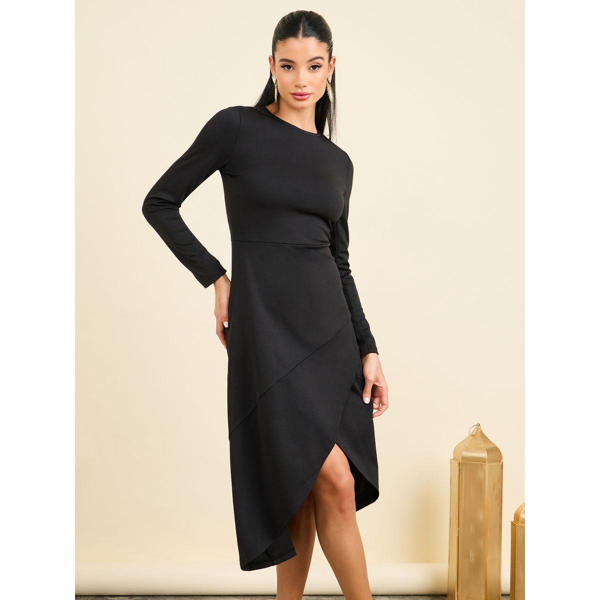 فستان ميدي من نوع ستيلي عالي الياقة بحافة غير متماثلة على شكل حرف A-women-clothing-dresses-image-2