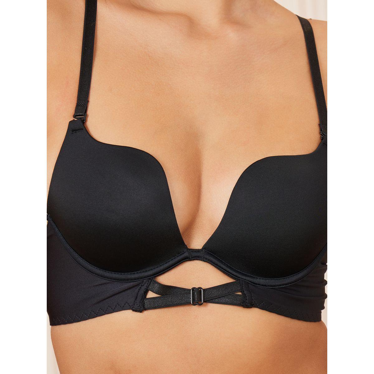 Styli Solid Padded Wired Cutout Strap Detail Plunge Bra-women-clothing-lingerie-bras-image-2