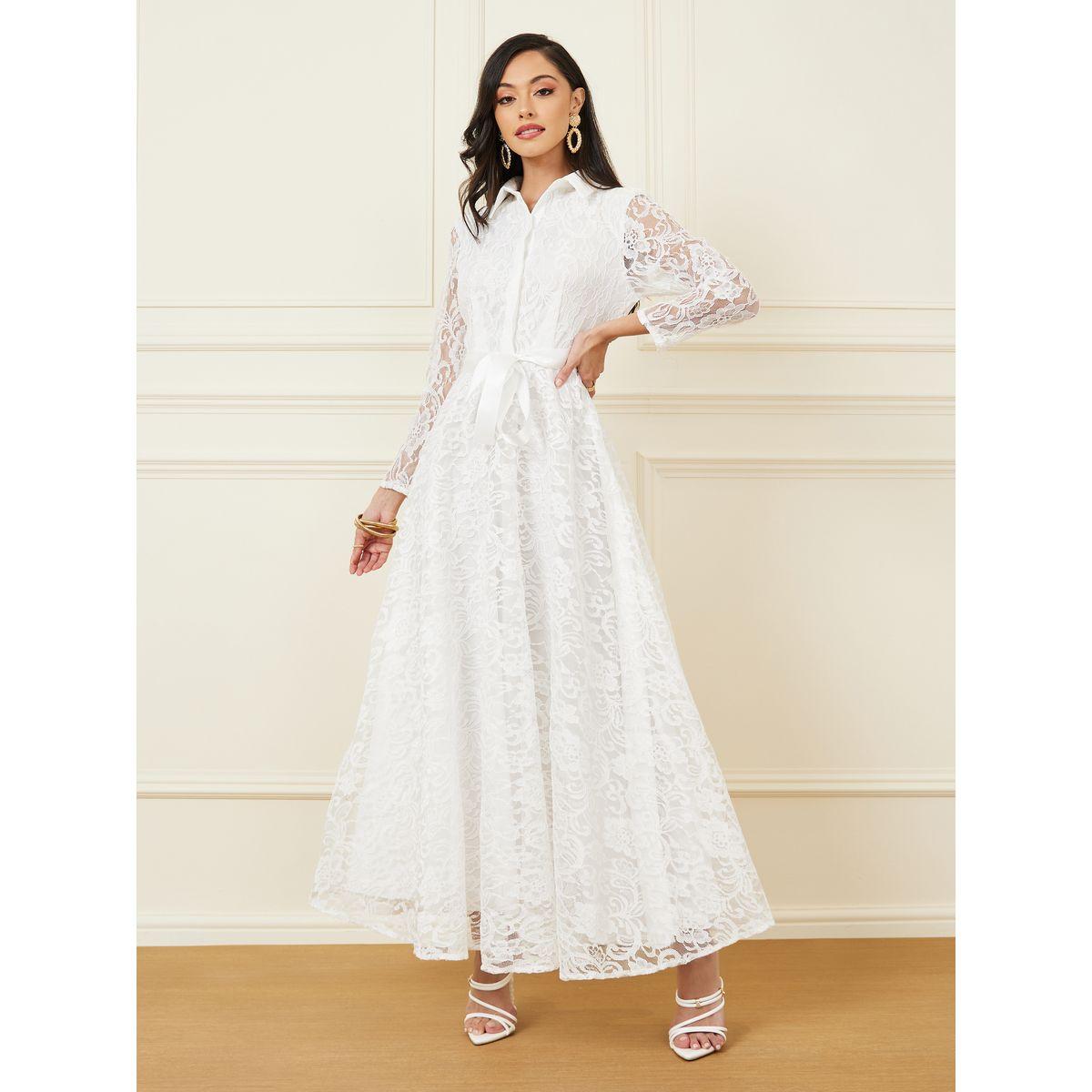 Styli Lace Detail Collared Neck A-Line Maxi Dress-women-clothing-dresses-image-1