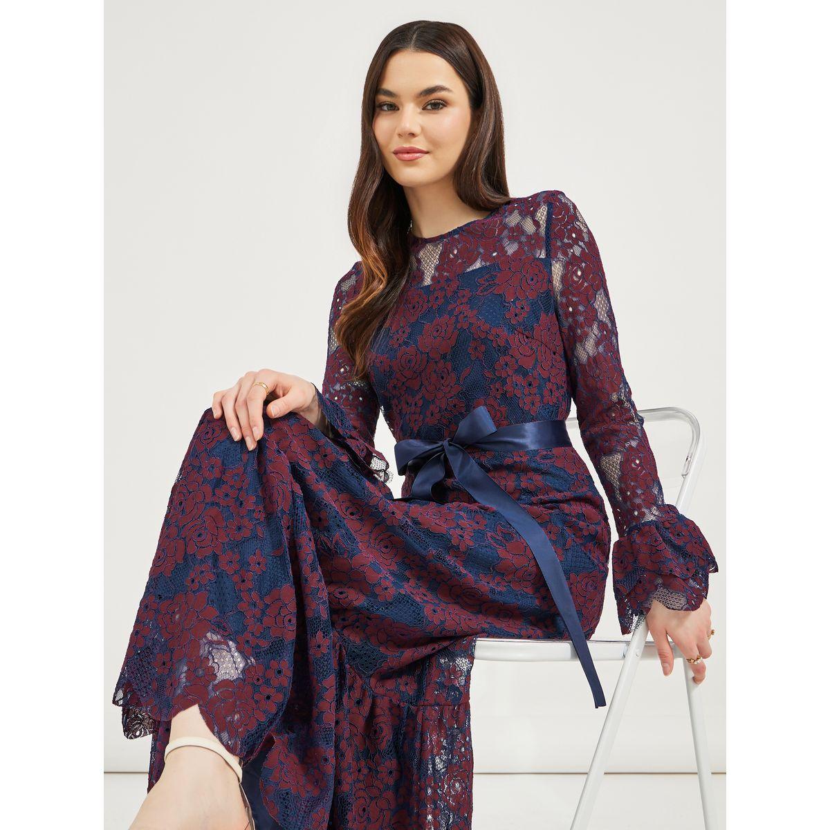 Styli Lace Insert A-Line Maxi Dress with Bow Tie Detail-women-clothing-dresses-image-1