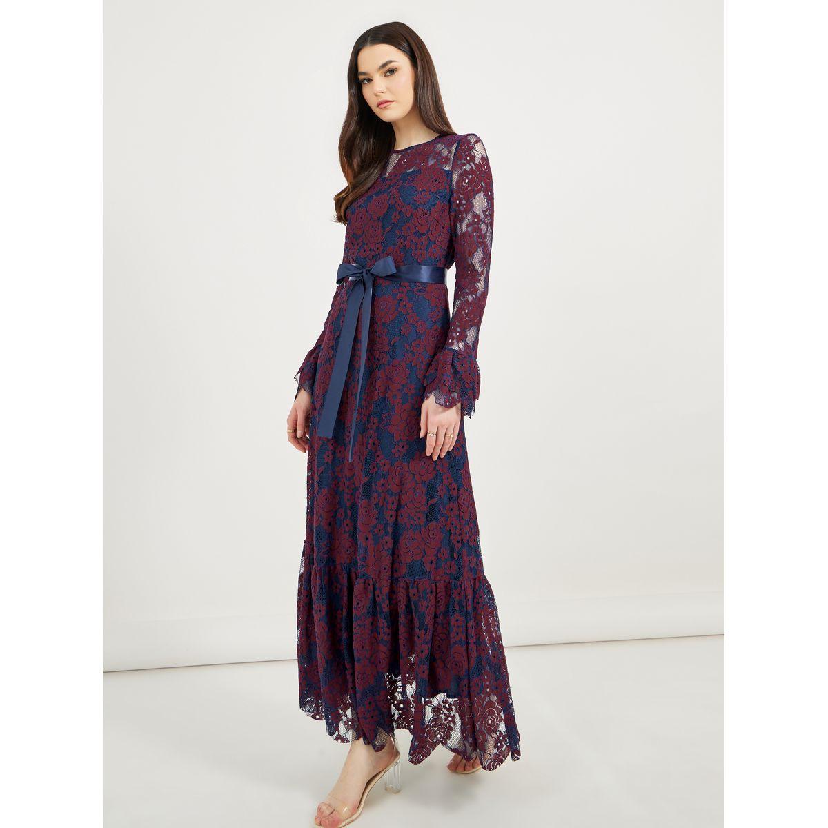 Styli Lace Insert A-Line Maxi Dress with Bow Tie Detail-women-clothing-dresses-image-2