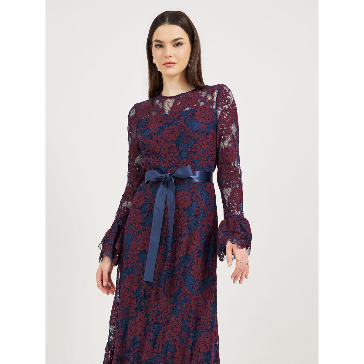 Styli Lace Insert A-Line Maxi Dress with Bow Tie Detail-women-clothing-dresses-image-3