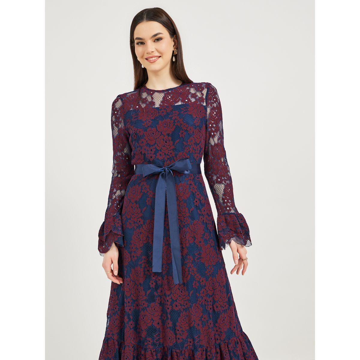 Styli Lace Insert A-Line Maxi Dress with Bow Tie Detail-women-clothing-dresses-image-4