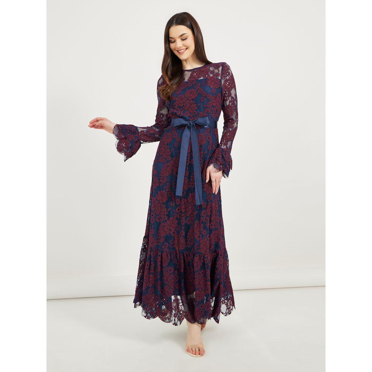 Styli Lace Insert A-Line Maxi Dress with Bow Tie Detail-women-clothing-dresses-image-7