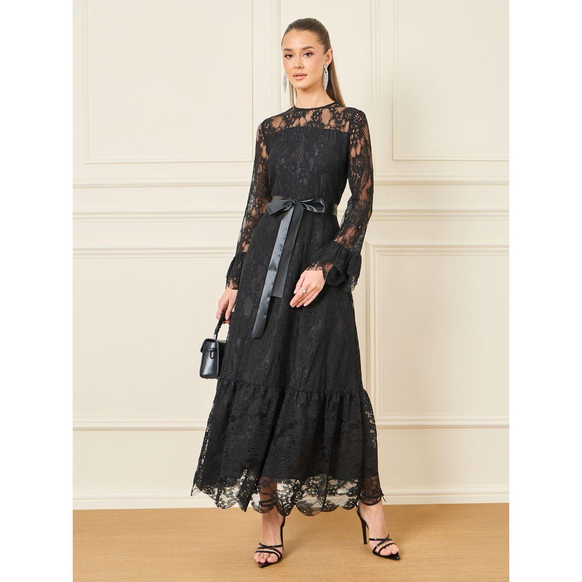 Styli All Over Lace Satin Bow Tie A-Line Maxi Dress-women-clothing-dresses-image-1