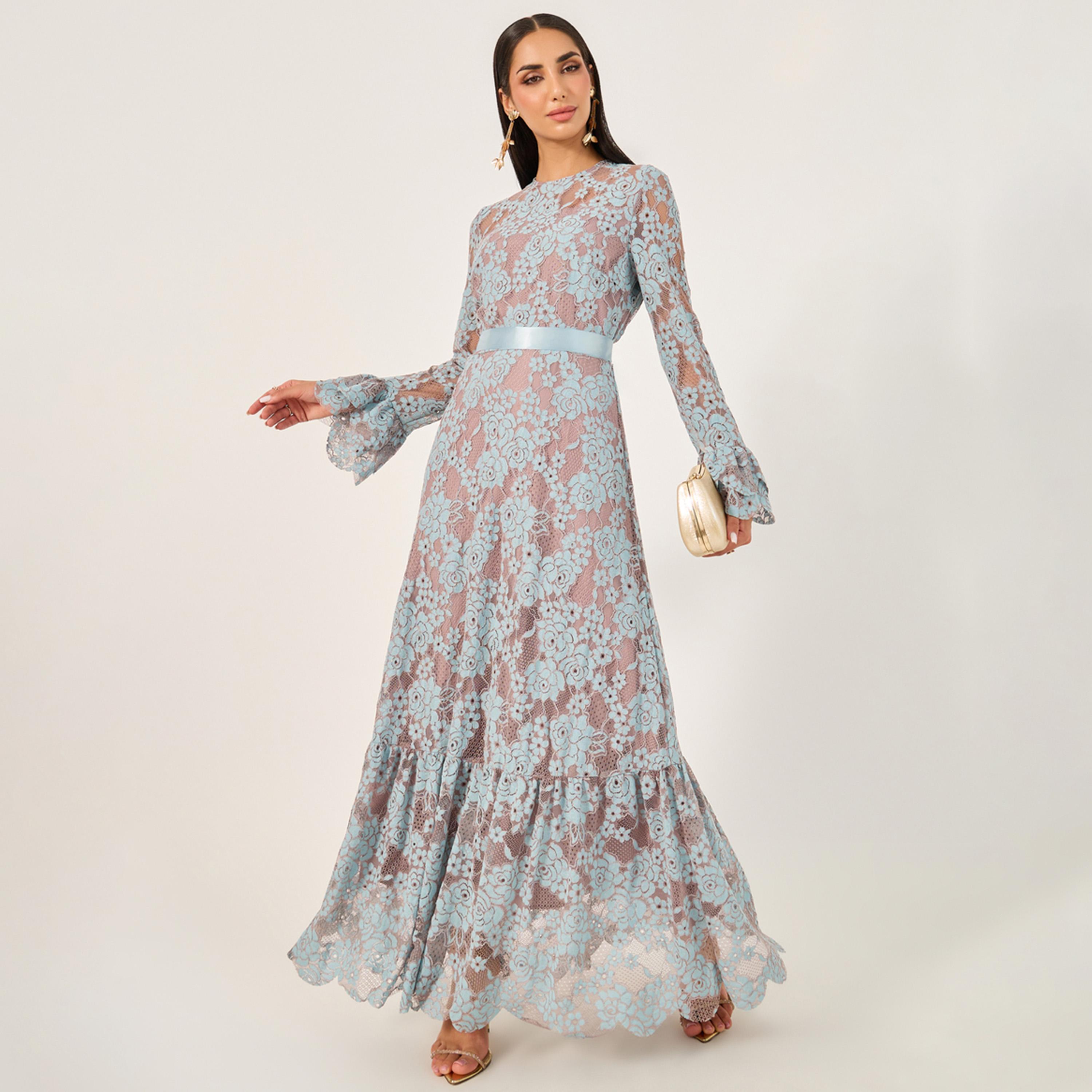 Styli All Over Lace Satin Bow Tie A-Line Maxi Dress-women-clothing-dresses-image-1