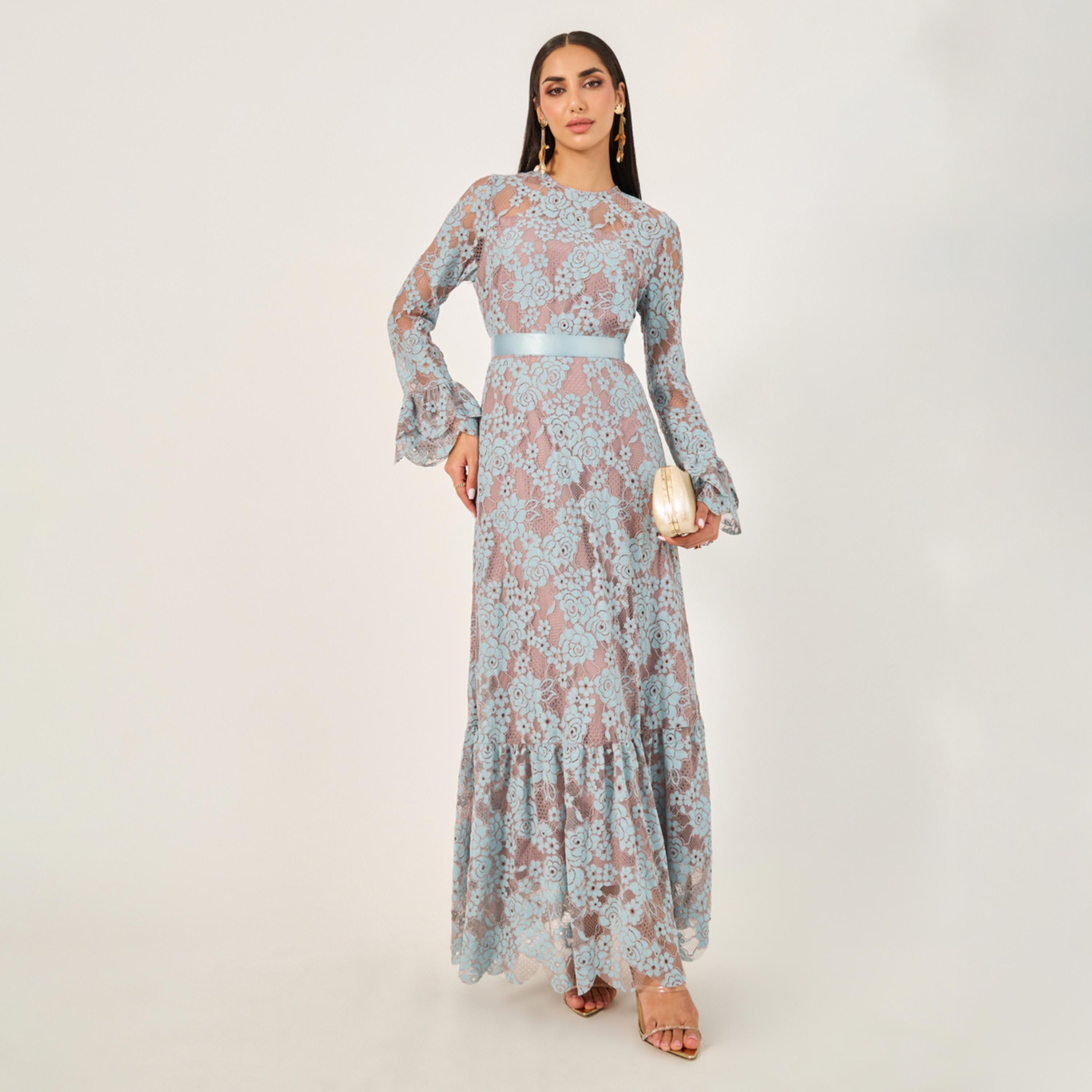 Styli All Over Lace Satin Bow Tie A-Line Maxi Dress-women-clothing-dresses-image-2
