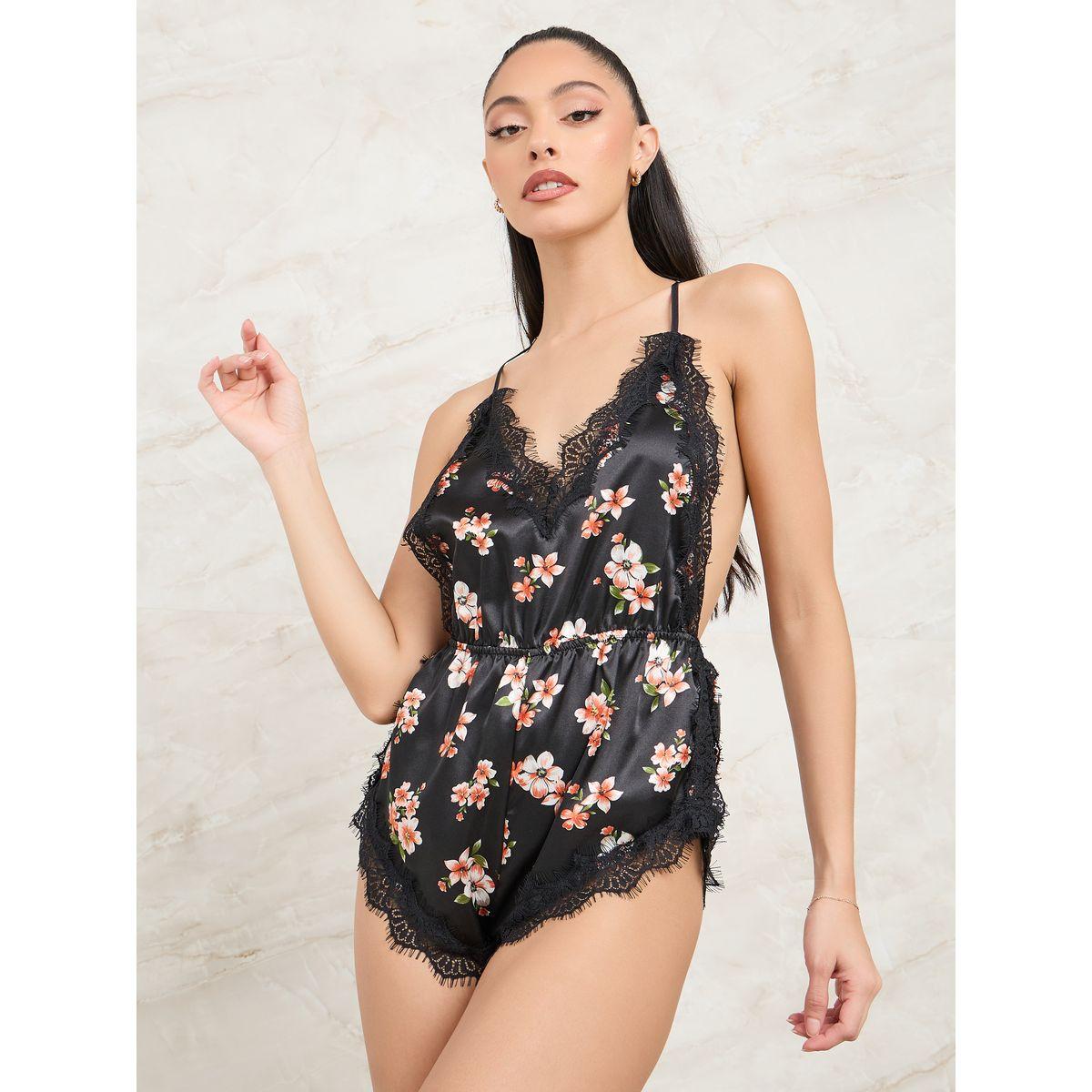 Styli Eyelash Lace Trim All Over Floral Print Teddy-women-clothing-lingerie-corsets-image-1