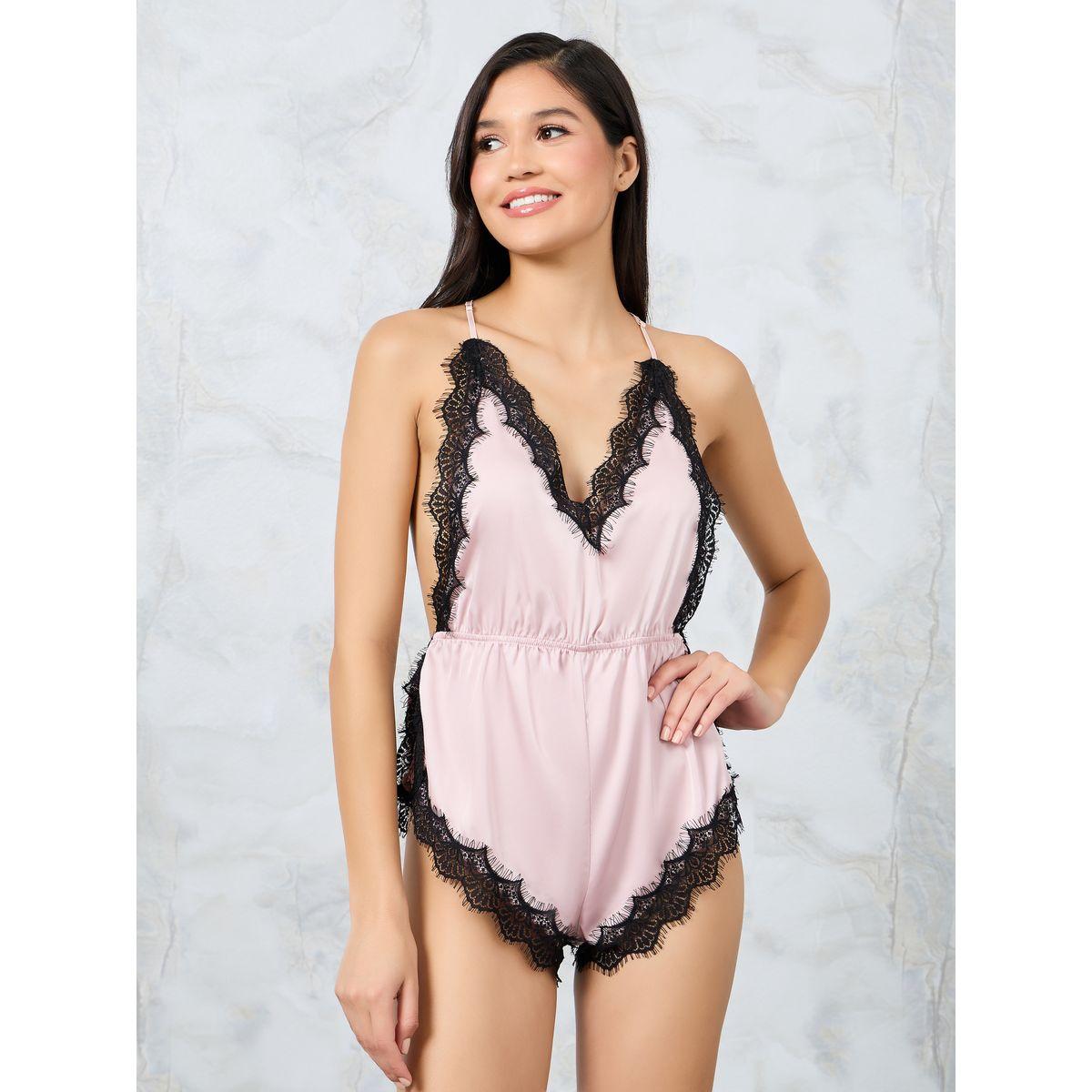 Styli Contrast Eyelash Lace Side Slit Solid Teddy-women-clothing-lingerie-corsets-image-1