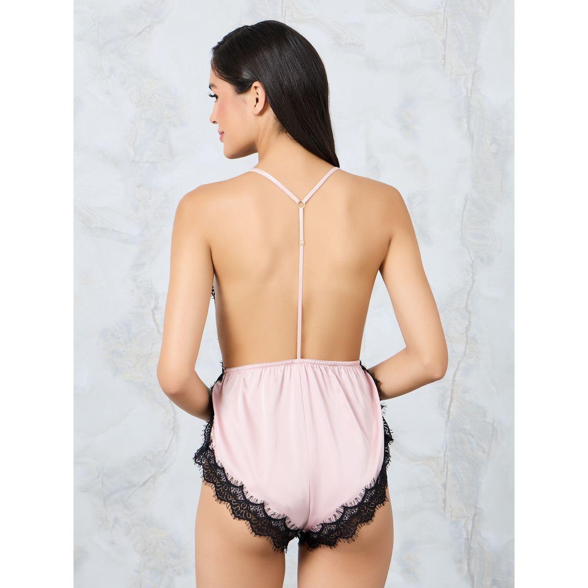 Styli Contrast Eyelash Lace Side Slit Solid Teddy-women-clothing-lingerie-corsets-image-3