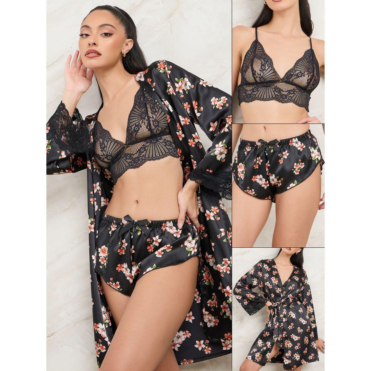 Styli Pack of 3 - Floral Print Satin Robe Short and Lace Bralette-women-clothing-lingerie-lingeriesets-image-1