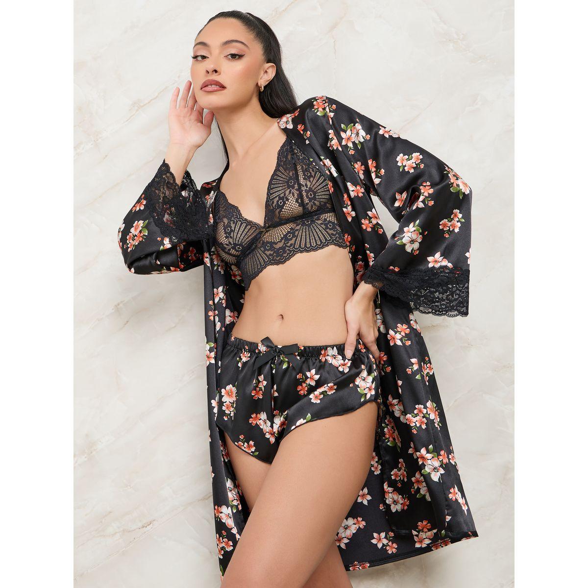 Styli Pack of 3 - Floral Print Satin Robe Short and Lace Bralette-women-clothing-lingerie-lingeriesets-image-2