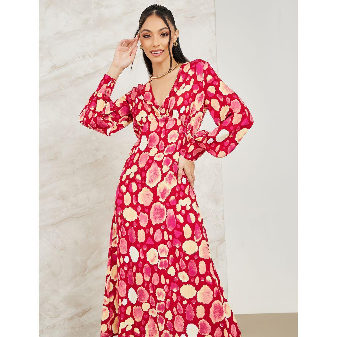Styli Abstract Print V Neck Midi Dress with Long Sleeve-women-clothing-dresses-image-2