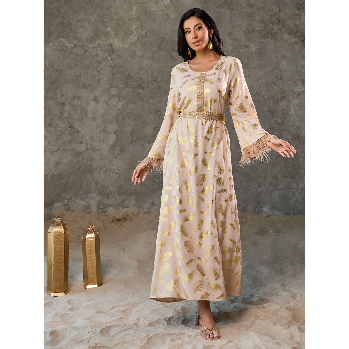 جلابية بطبعة فويل مع ريش صناعي ودانتيل-women-arabicclothing-jalabiyas-image-1