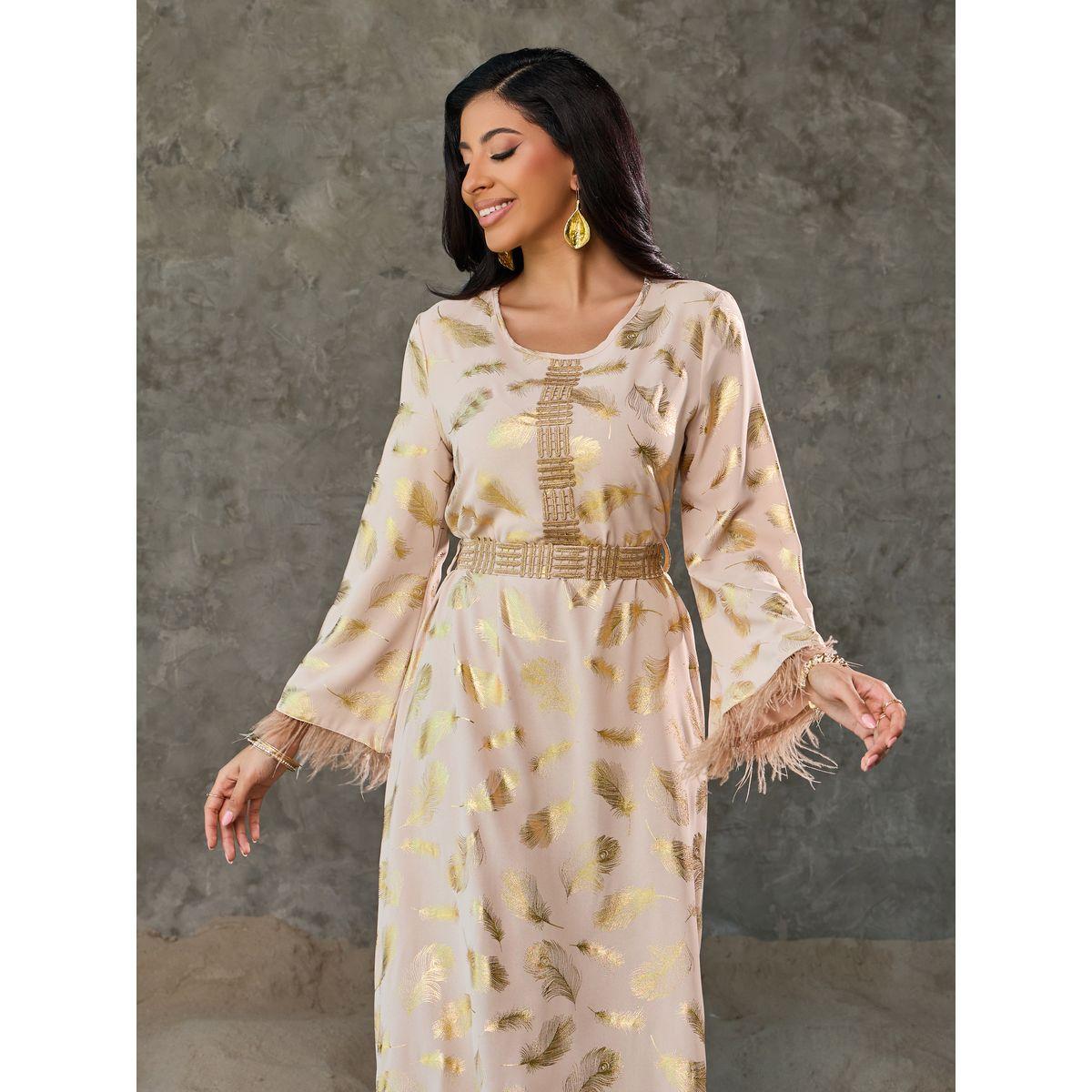جلابية بطبعة فويل مع ريش صناعي ودانتيل-women-arabicclothing-jalabiyas-image-2