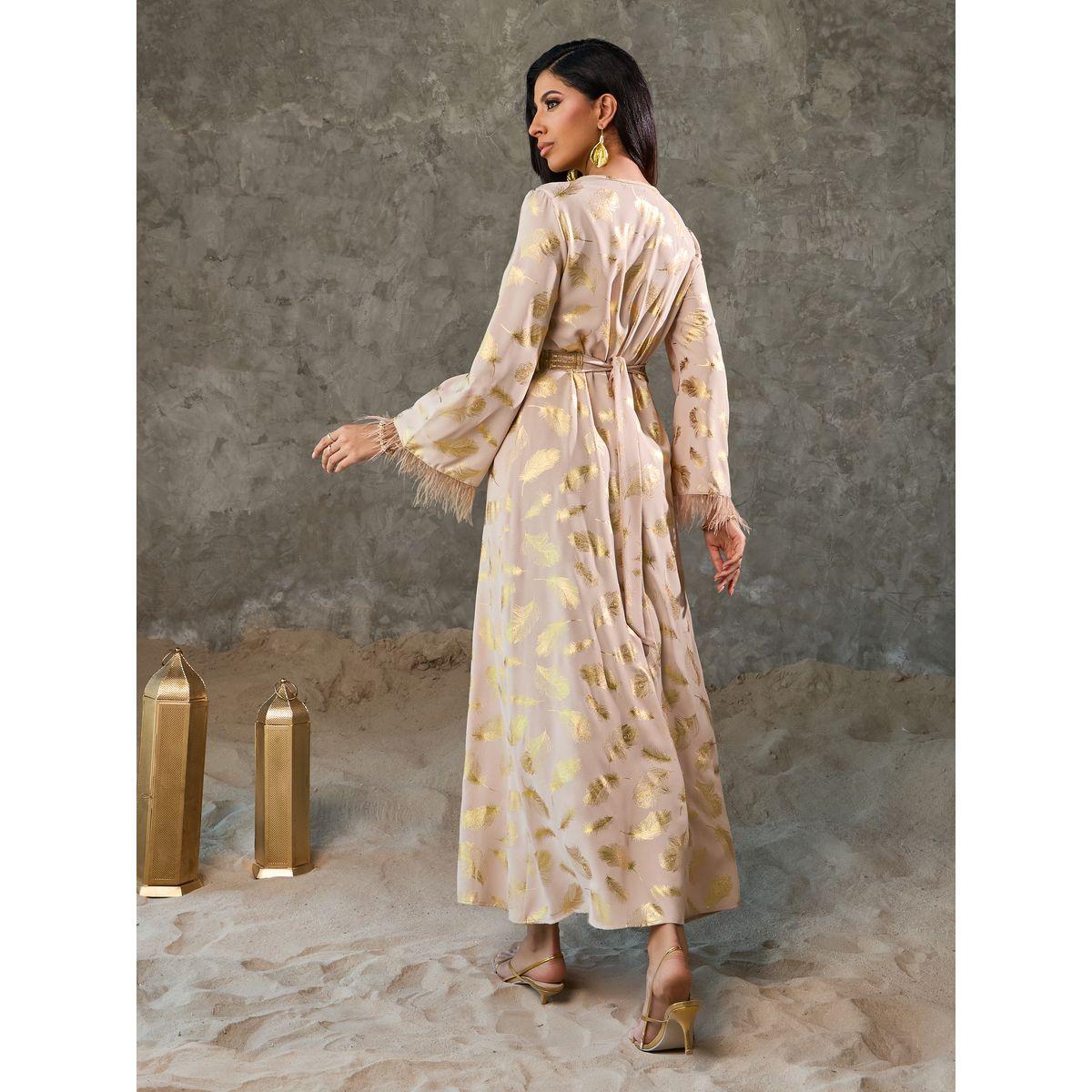 جلابية بطبعة فويل مع ريش صناعي ودانتيل-women-arabicclothing-jalabiyas-image-4
