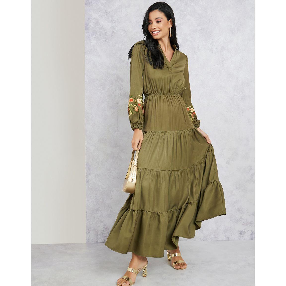 Styli Embroidered Sleeves Notch Neck Tiered Maxi Dress-women-clothing-dresses-image-1