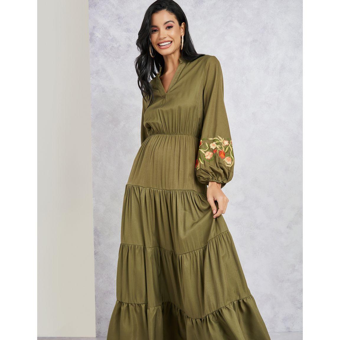 Styli Embroidered Sleeves Notch Neck Tiered Maxi Dress-women-clothing-dresses-image-2