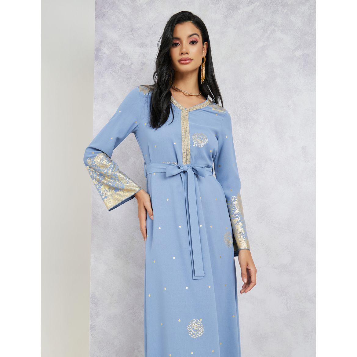 Styli Printed Detail Jalabiya with Tie Up Belt-women-arabicclothing-jalabiyas-image-2