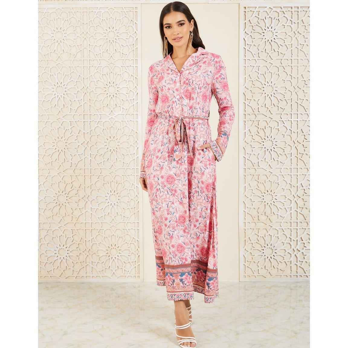 فستان طويل بطبعة زهور ورباط خصر-women-clothing-dresses-image-1