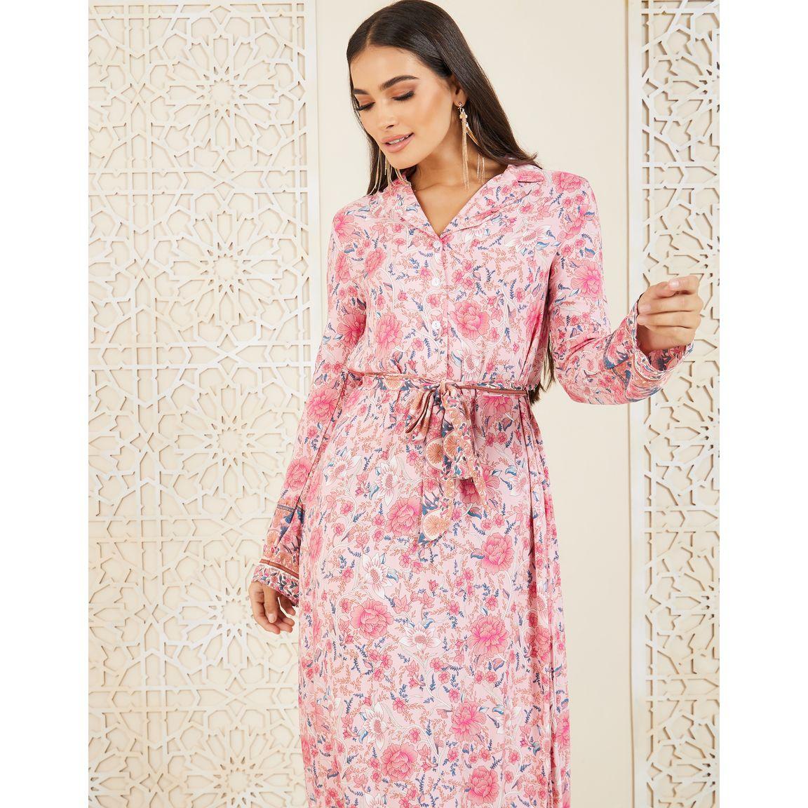 فستان طويل بطبعة زهور ورباط خصر-women-clothing-dresses-image-2