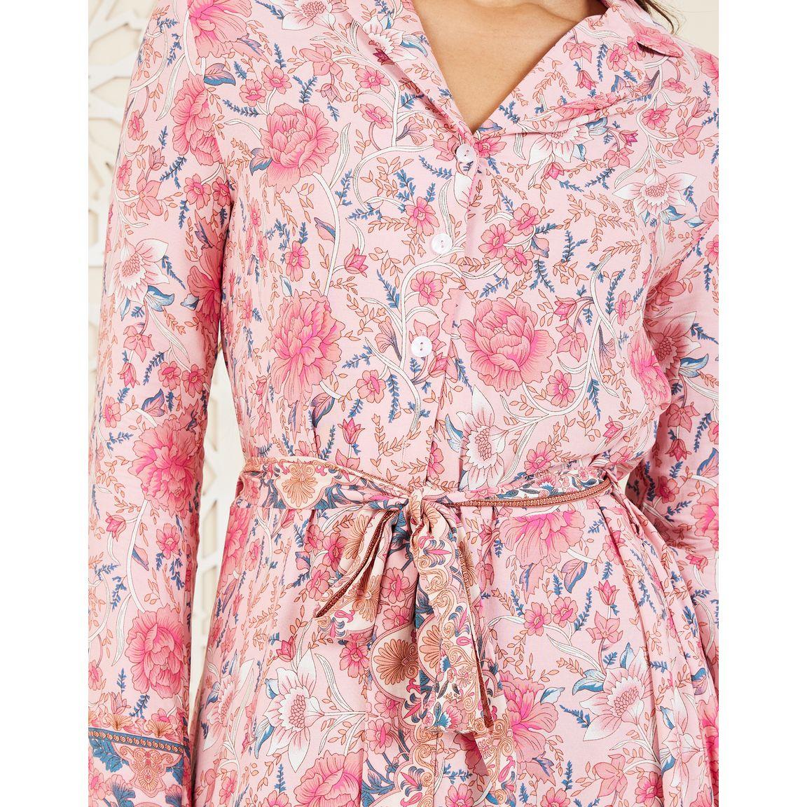 Styli Floral Print Collared A-Line Maxi Dress with Self Tie Up-women-clothing-dresses-image-3
