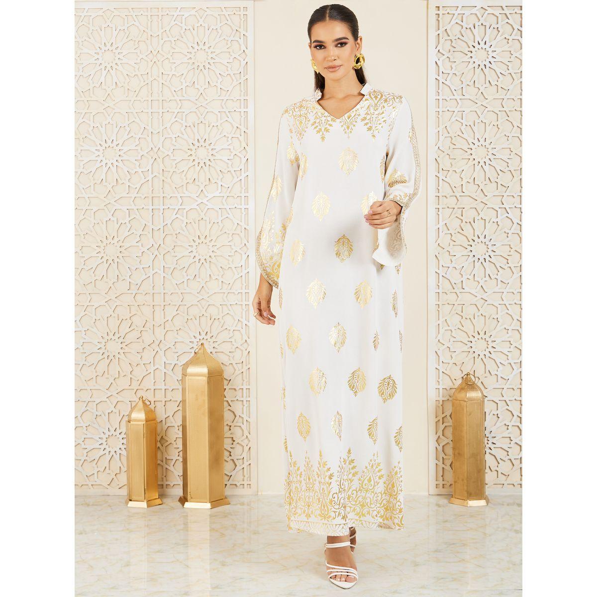 Styli Foil Printed Notch Neck Jalabiya-women-arabicclothing-jalabiyas-image-1
