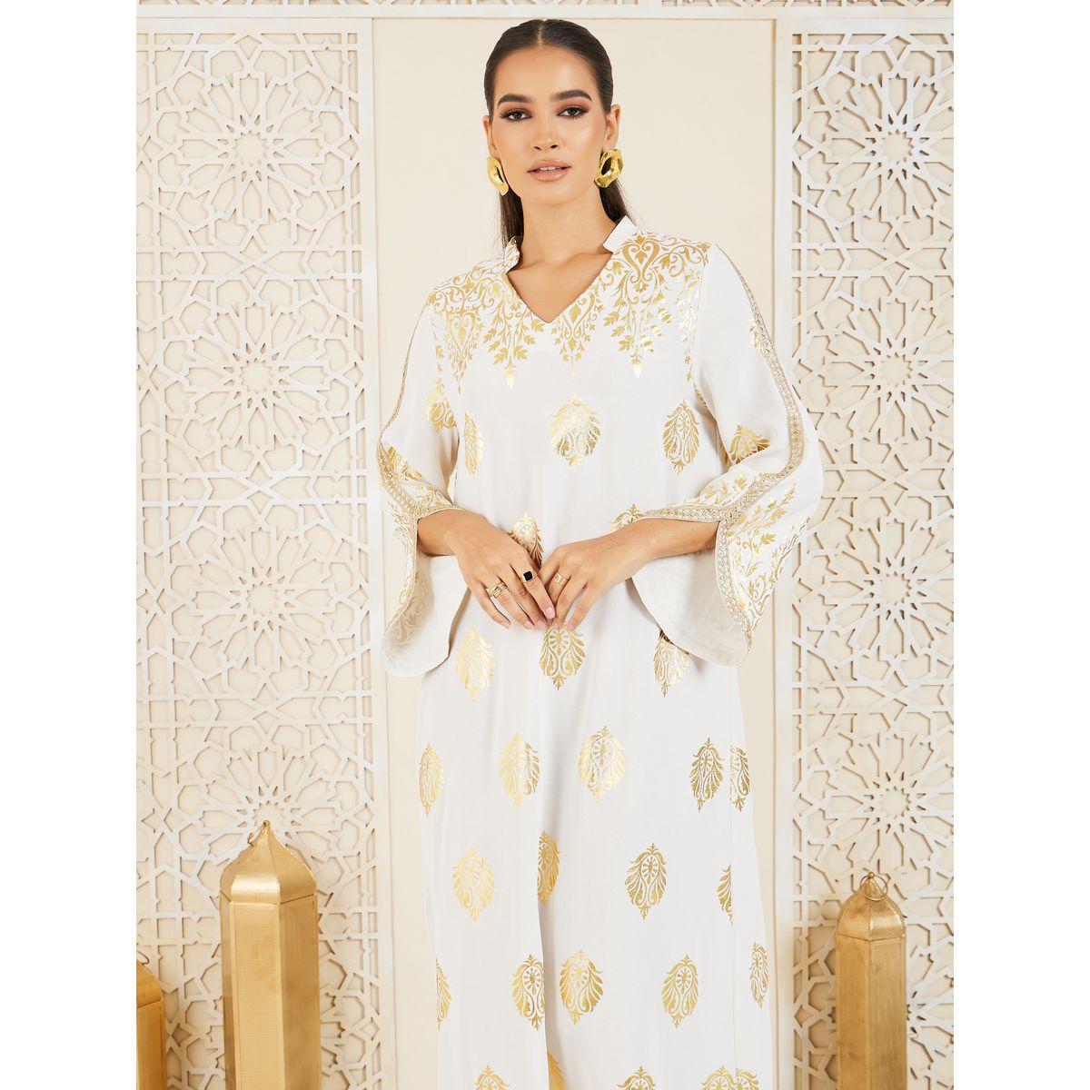 Styli Foil Printed Notch Neck Jalabiya-women-arabicclothing-jalabiyas-image-2
