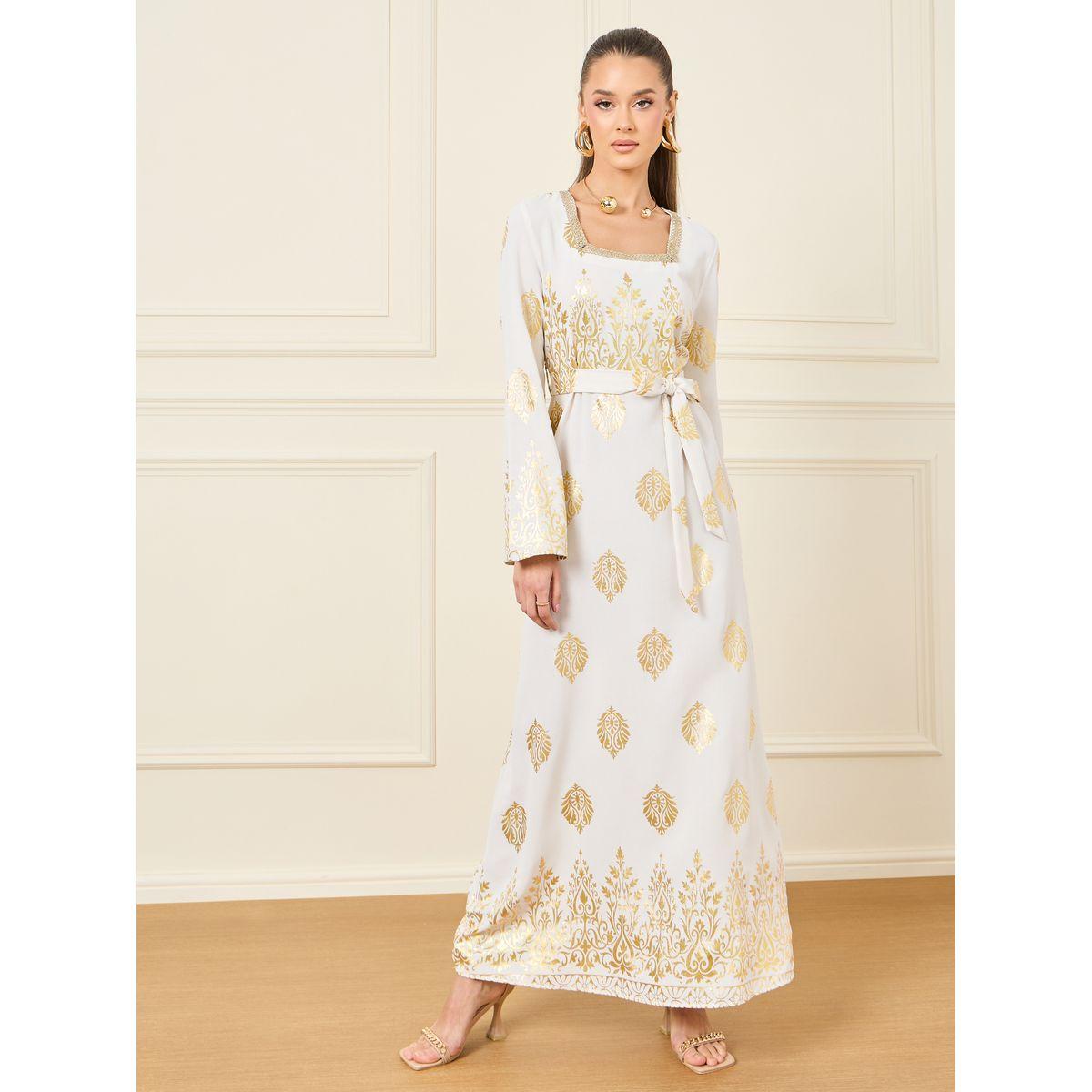 Styli Gold Print Jalabiya with Tie Up Belt-women-arabicclothing-jalabiyas-image-1
