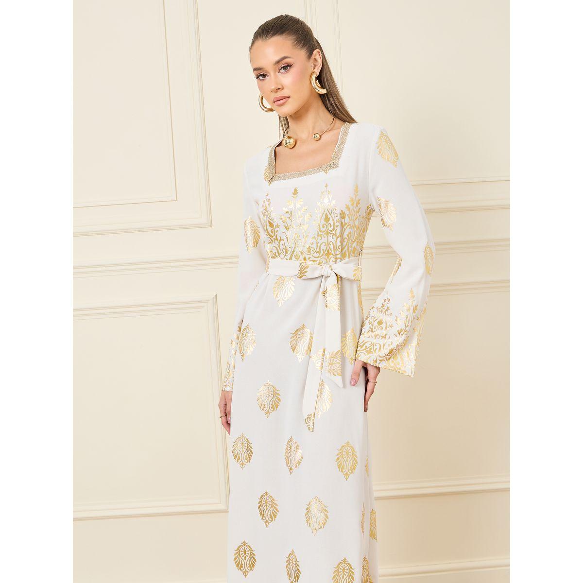 Styli Gold Print Jalabiya with Tie Up Belt-women-arabicclothing-jalabiyas-image-2