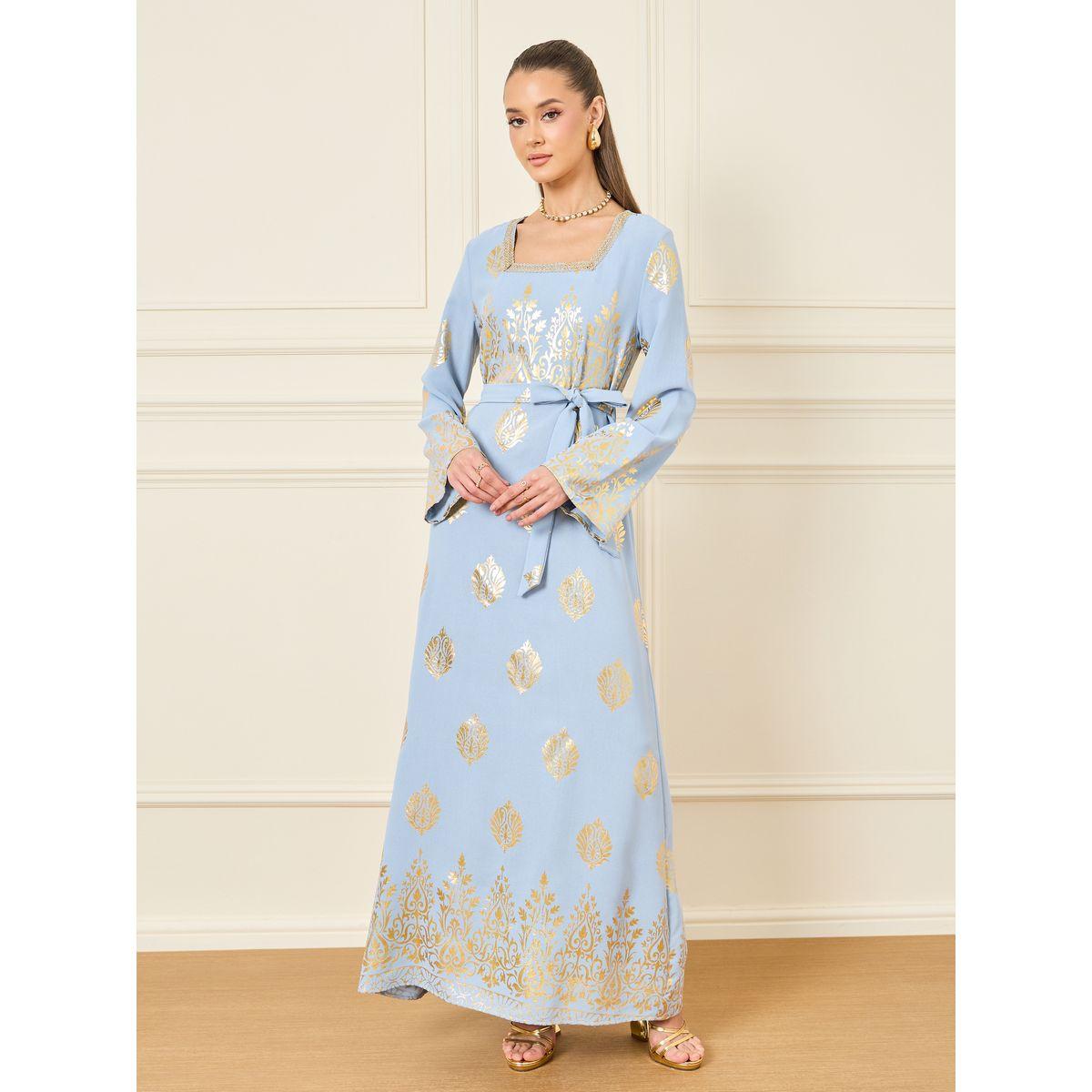 Styli Gold Print Jalabiya with Tie Up Belt-women-arabicclothing-jalabiyas-image-1