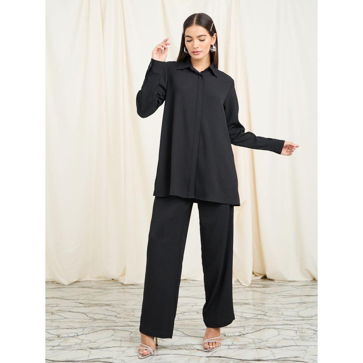 Styli Textured Longline Shirt & Wide Leg Pants Co-Ords-women-clothing-coordsets-image-1