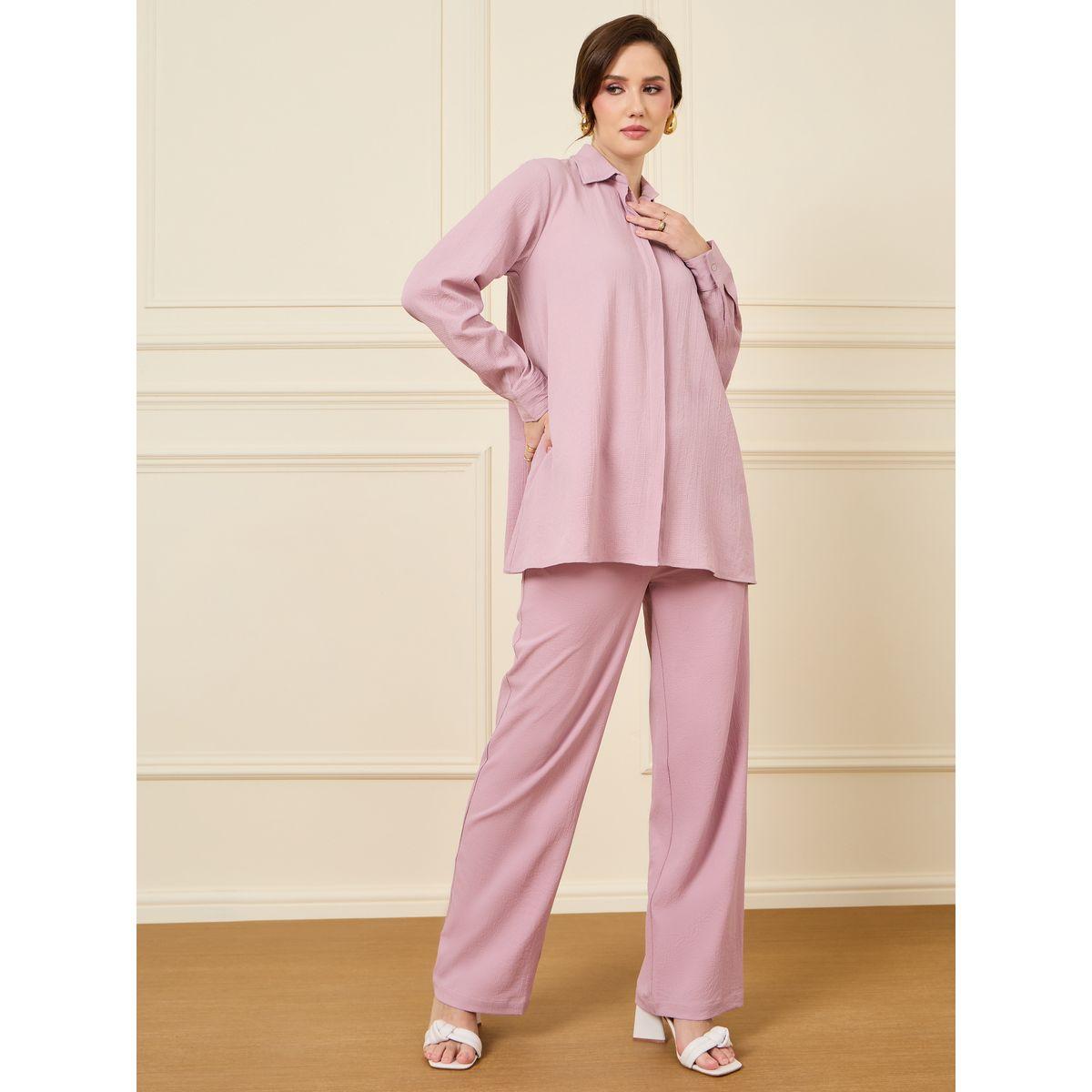 Styli Textured Longline Shirt & Wide Leg Pants Co-Ords-women-clothing-coordsets-image-1